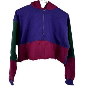 VTG 9001 Retro Cropped Hoodie 1/2 Zip Colorblock Pullover 100% Cotton Multi M